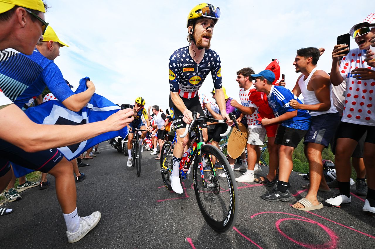 PLATEAU DE SOLAISON, FRANCE - JULY 19: Quinn Simmons of United States and Team Lidl - Trek competes while fans cheer at the Plateau de Solaison (1501m) during the 113th Tour de France 2026, Stage 15 a 183.9km a 155.3km stage from Champagnole to Plateau de Solaison 1501m / #UCIWT / on July 19, 2026 in Plateau de Solaison, France. (Photo by Tim de Waele/Getty Images)
