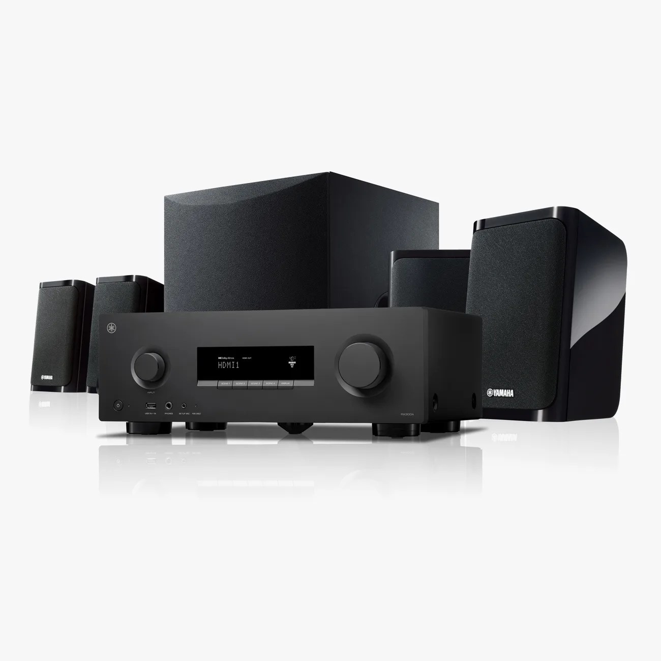 Black Yamaha home theater receiver with five black speakers and a subwoofer on a white background.