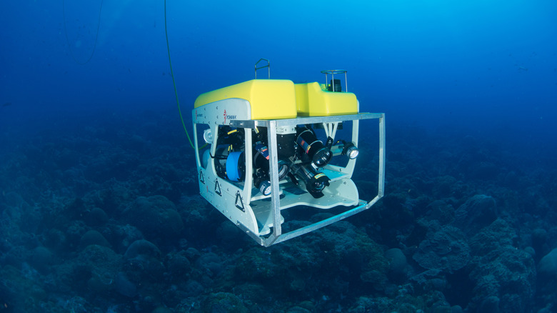 A remote operated vehicle exploring the seabed