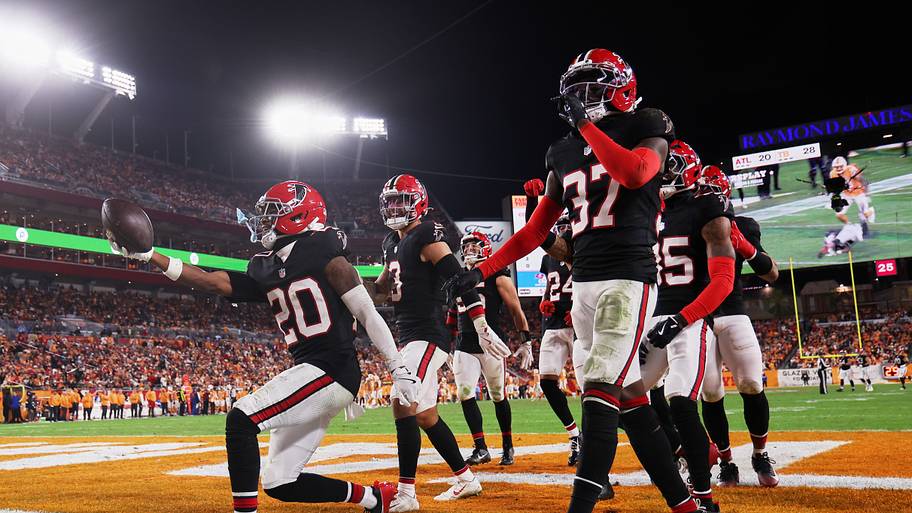 Atlanta Falcons secondary celebrates after intercepting a pass intended against Tampa Bay