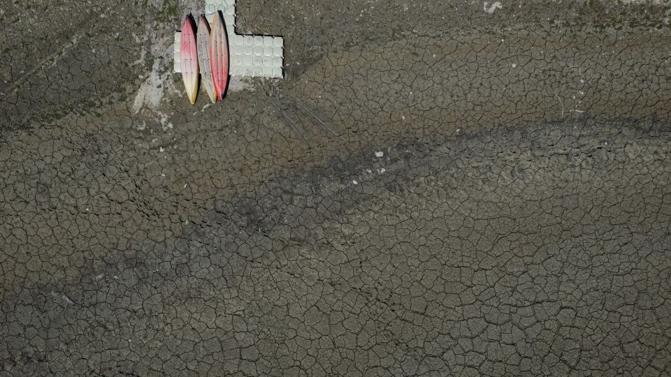 This aerial photograph shows the dry riverbed of the Doubs river on July 9, 2026, in Villers-le-Lac, eastern France. - Sebastien Bozon/AFP/Getty Images