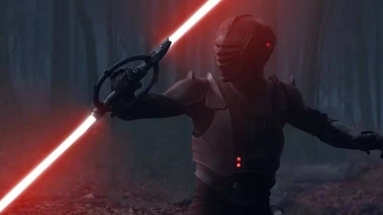 Marrok holding a spinning lightsaber on Obi-Wan Kenobi