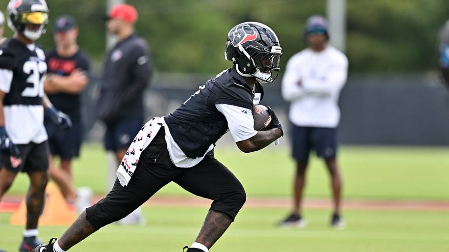 Jun 9, 2026; Houston, Texas, USA; Houston Texans running back Woody Marks participates in a drill during the team’s minicamp