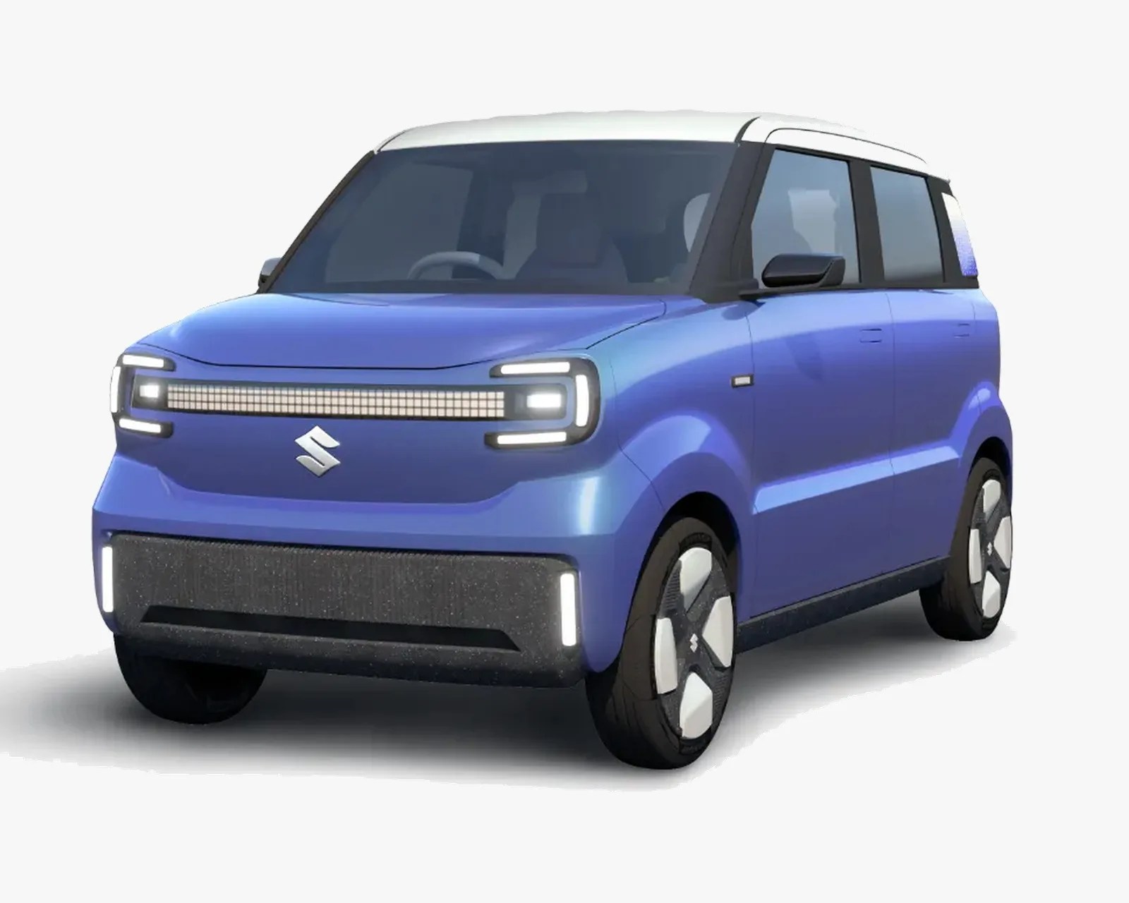 Blue compact Suzuki car with white roof and futuristic LED headlights.