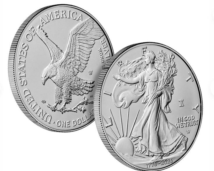 A screenshot taken July 15, 2026, of the American Eagle 2026 One Ounce Silver Enhanced Uncirculated Coin, set to be released by the U.S. Mint as part of America's 250th anniversary.