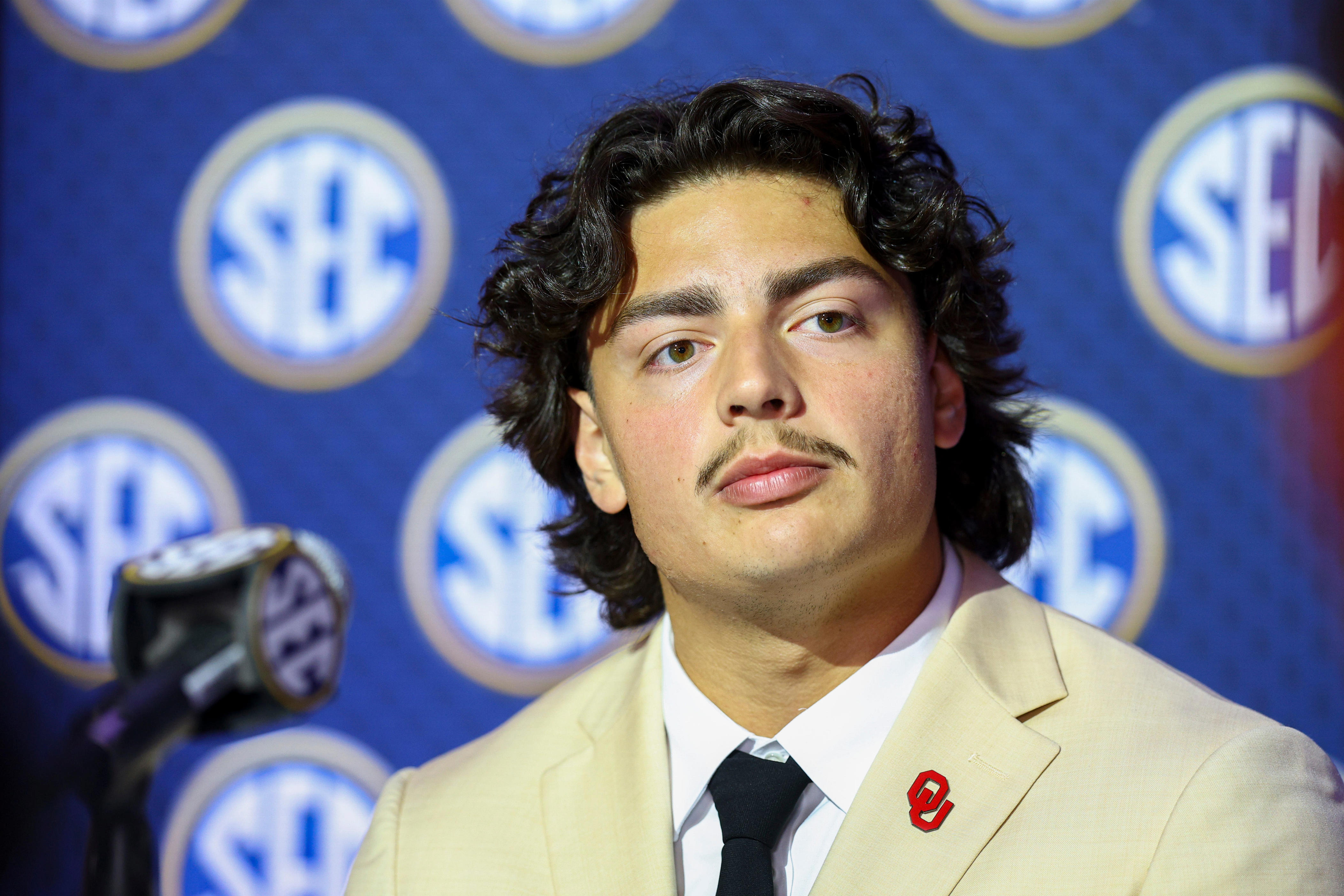 Jul 20, 2026; Tampa, FL, USA; Oklahoma Sooners defensive lineman Taylor Wein (44) speaks to the press during SEC Football Kickoff Media Day at the Tampa Marriott. Mandatory Credit: Nathan Ray Seebeck-Imagn Images