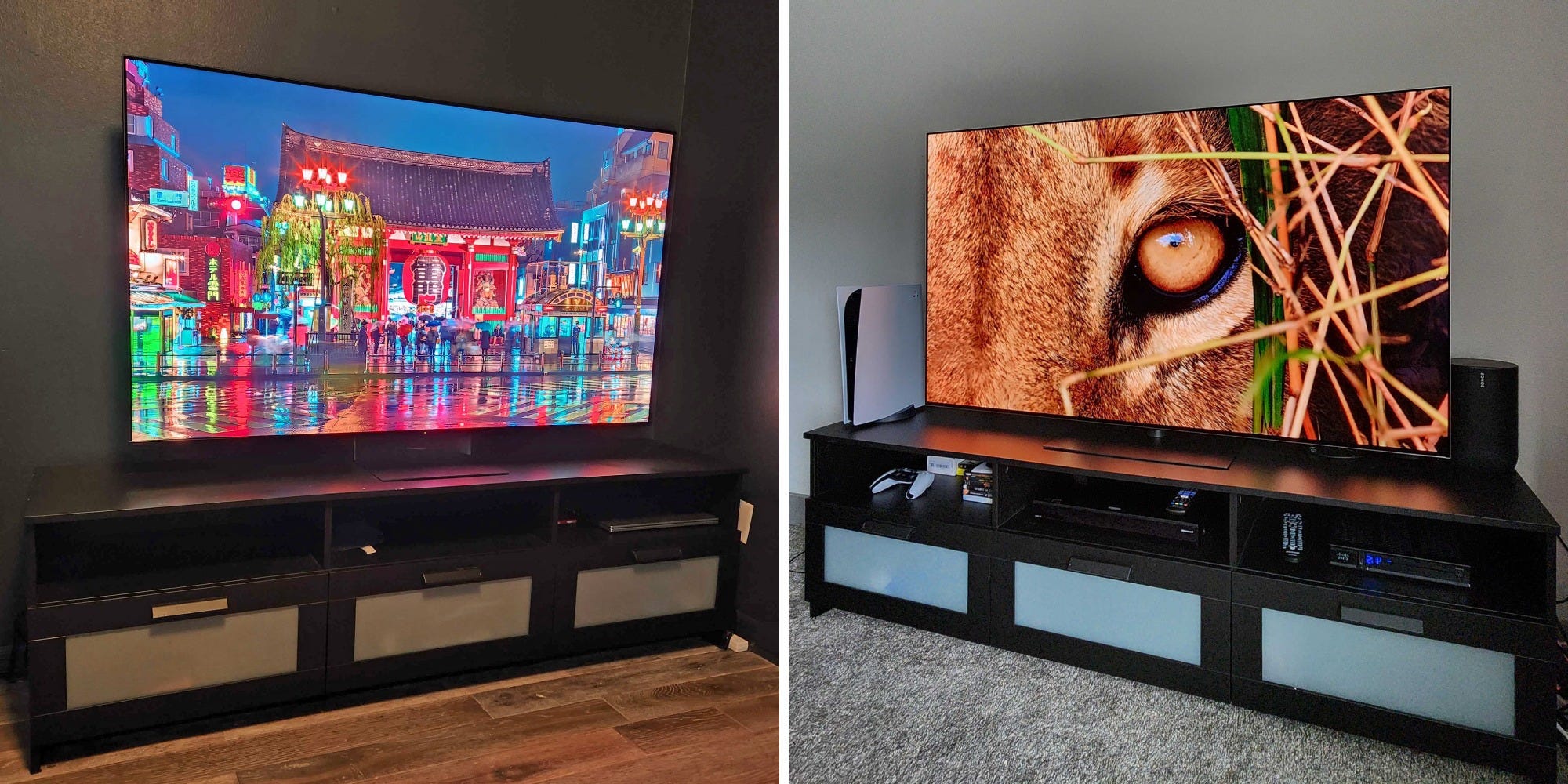 A Sony Bravia 7 II True RGB TV on a black media console, displaying a colorful city, side-by-side with an LG G5 OLED on a black media console, displaying a close-up of a lion's eye.