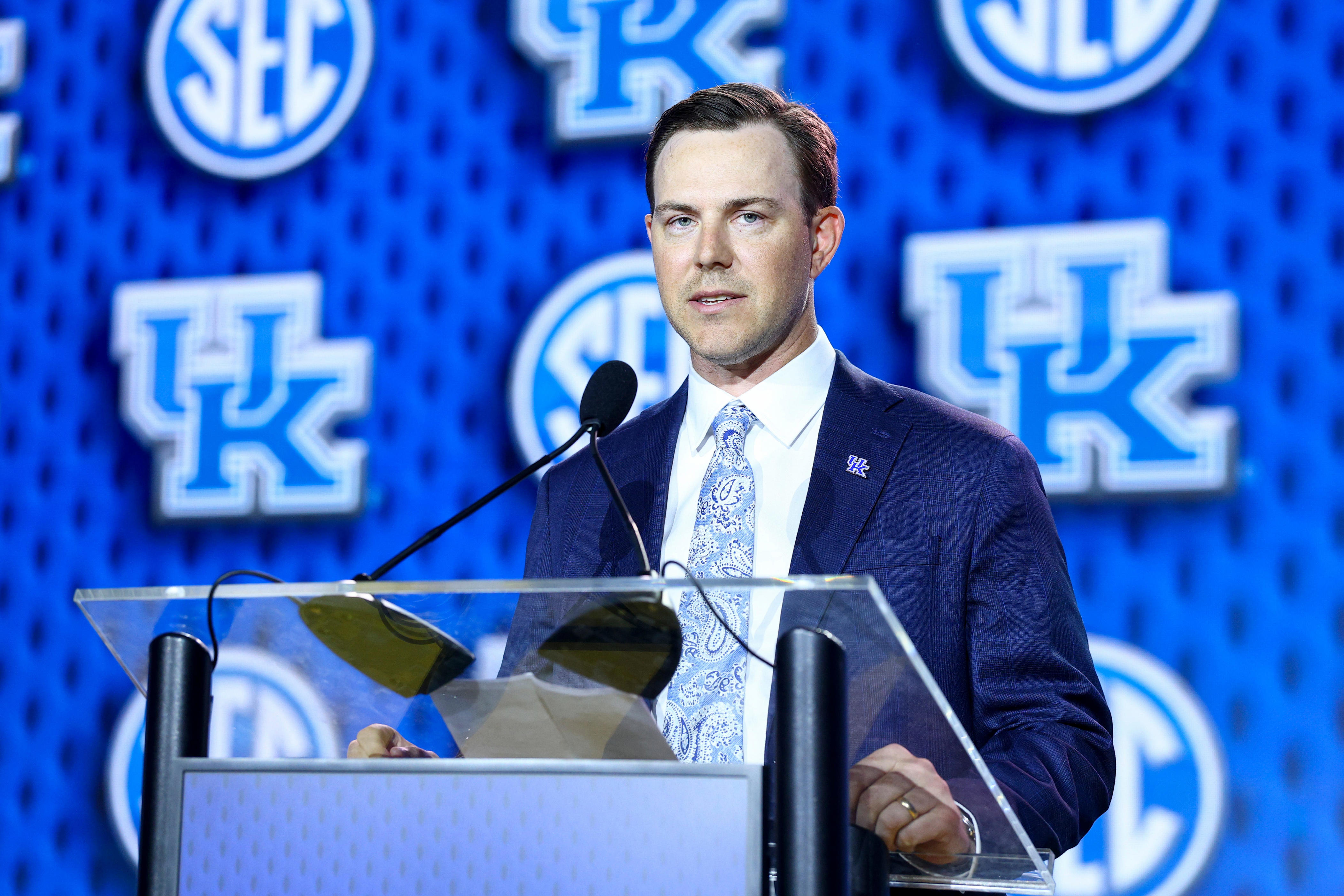 Jul 20, 2026; Tampa, FL, USA; Kentucky Wildcats head coach Will Stein speaks to the press during SEC Football Kickoff Media Day at the Tampa Marriott. Mandatory Credit: Nathan Ray Seebeck-Imagn Images