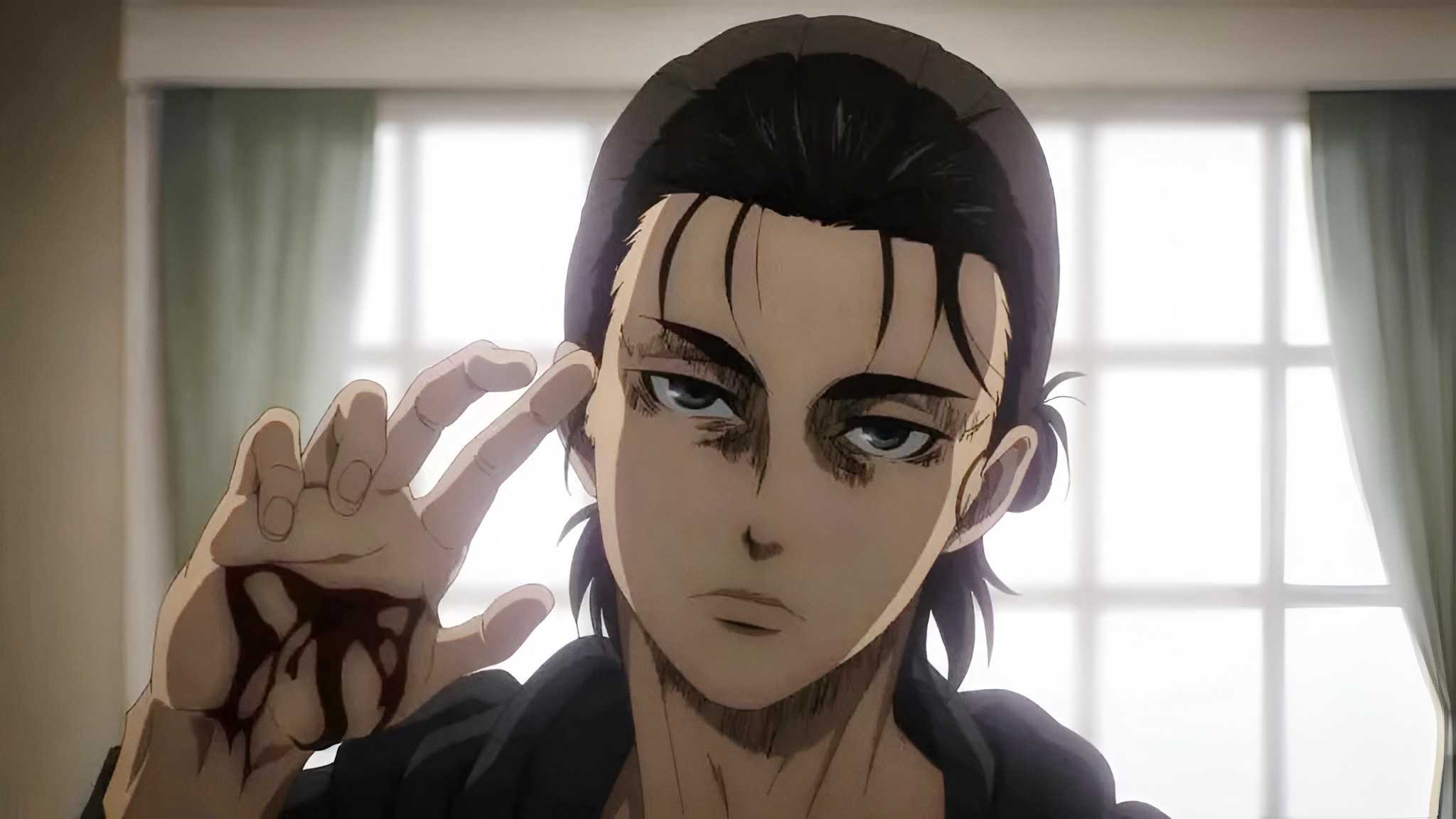 Eren Yeager standing with a bleeding hand in Attack on Titan