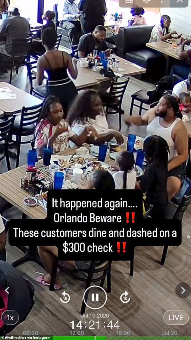 A family of seven were caught on surveillance footage ordering and eating $300 worth of food and then leaving without paying at Orlando Florida Restaurant At The Diner on July 19