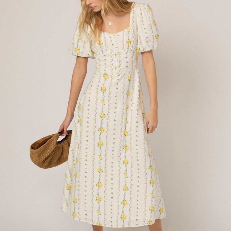 White Floral Puff Sleeve Melody Midi Dress