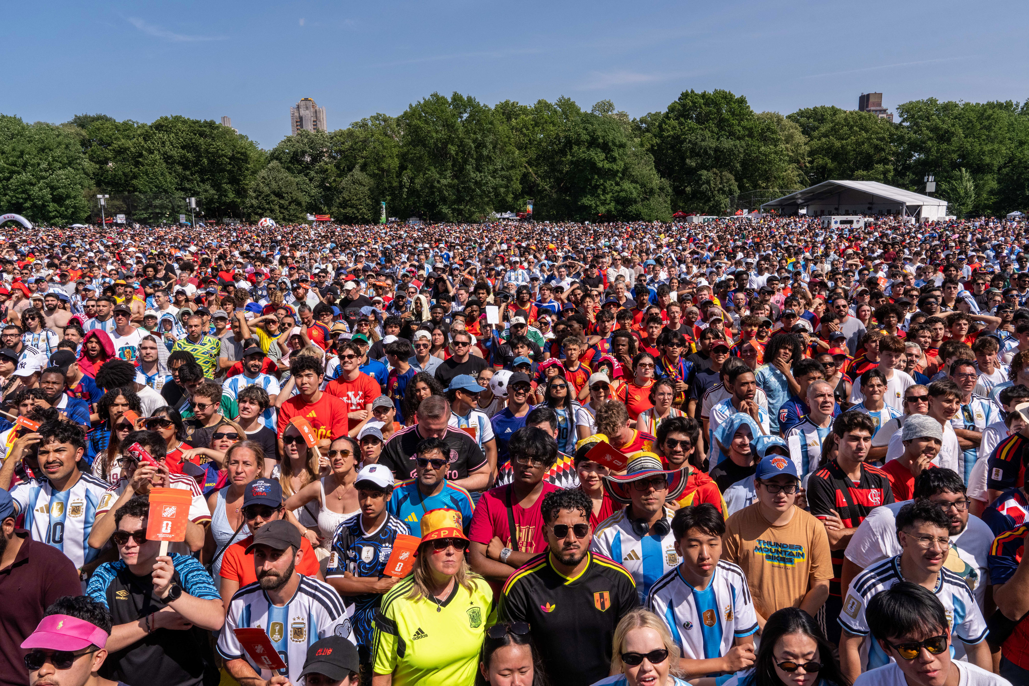 NEW YORK, NEW YORK - JULY 19: Soccer fans gather to watch the FIFA World Cup 2026 Final between Spain and Argentina at a watch party in Central Park on July 19, 2026 in New York City. Spain are facing defending champions Argentina in the 2026 FIFA World Cup final at New York New Jersey Stadium in East Rutherford, New Jersey. (Photo by Adam Gray/Getty Images)