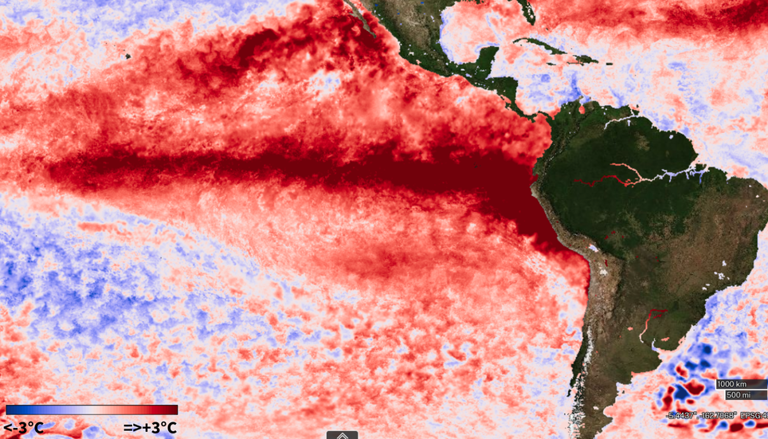 Anomalias de temperatura da superfície do mar do dia 19 de julho de 2026 mostram uma ampla área do Pacífico Equatorial com temperaturas superiores a 3°C acima da média. Créditos: Elaborado por Meteored com mapas da NASA Overview.