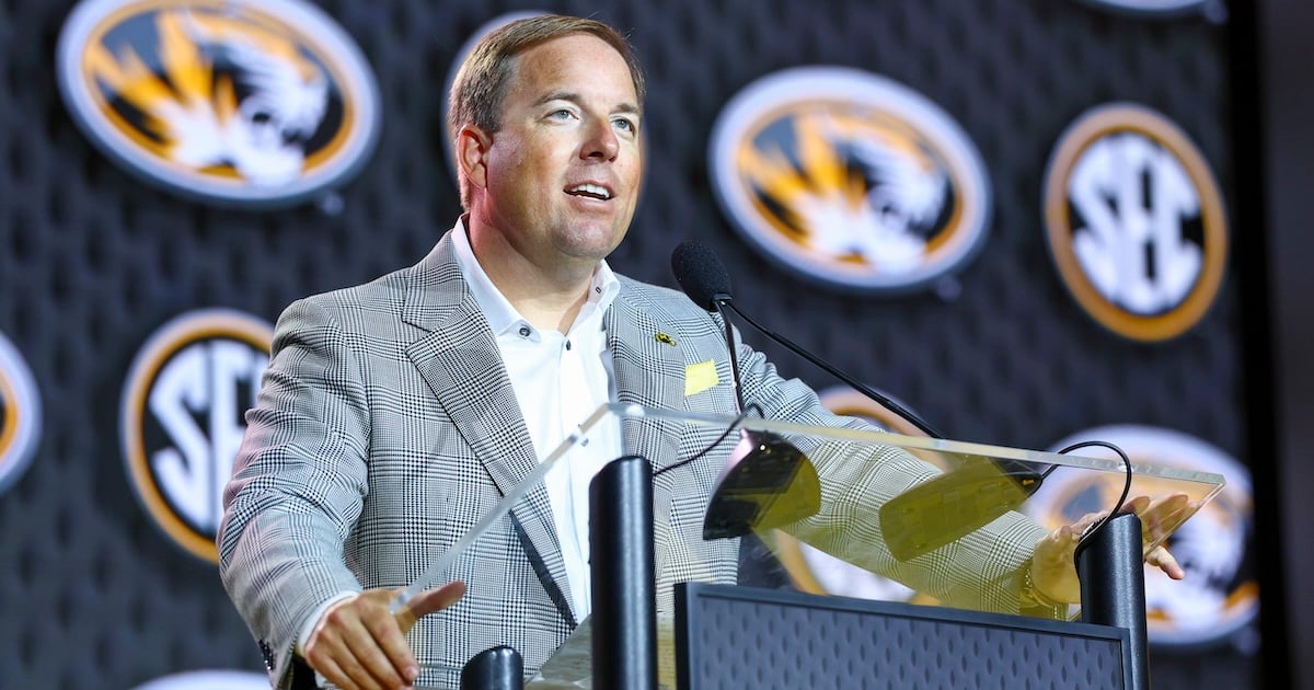 Jul 20, 2026; Tampa, FL, USA; Missouri Tigers head coach Eliah Drinkwitz speaks to the press during SEC Football Kickoff Media Day at the Tampa Marriott. Mandatory Credit: Nathan Ray Seebeck-Imagn Images
