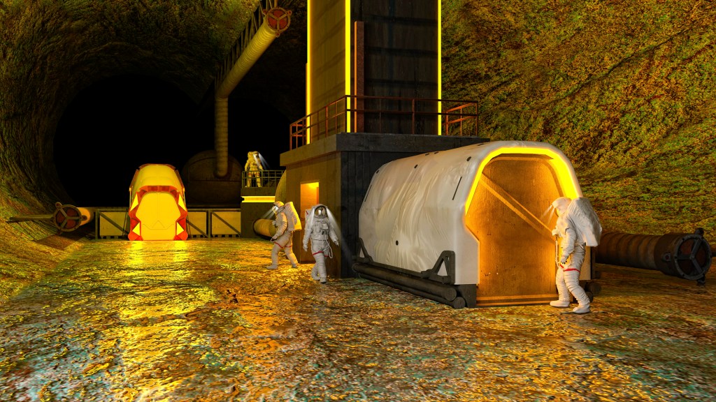 A rendering of what facilities inside a lava tube on the moon could look like.