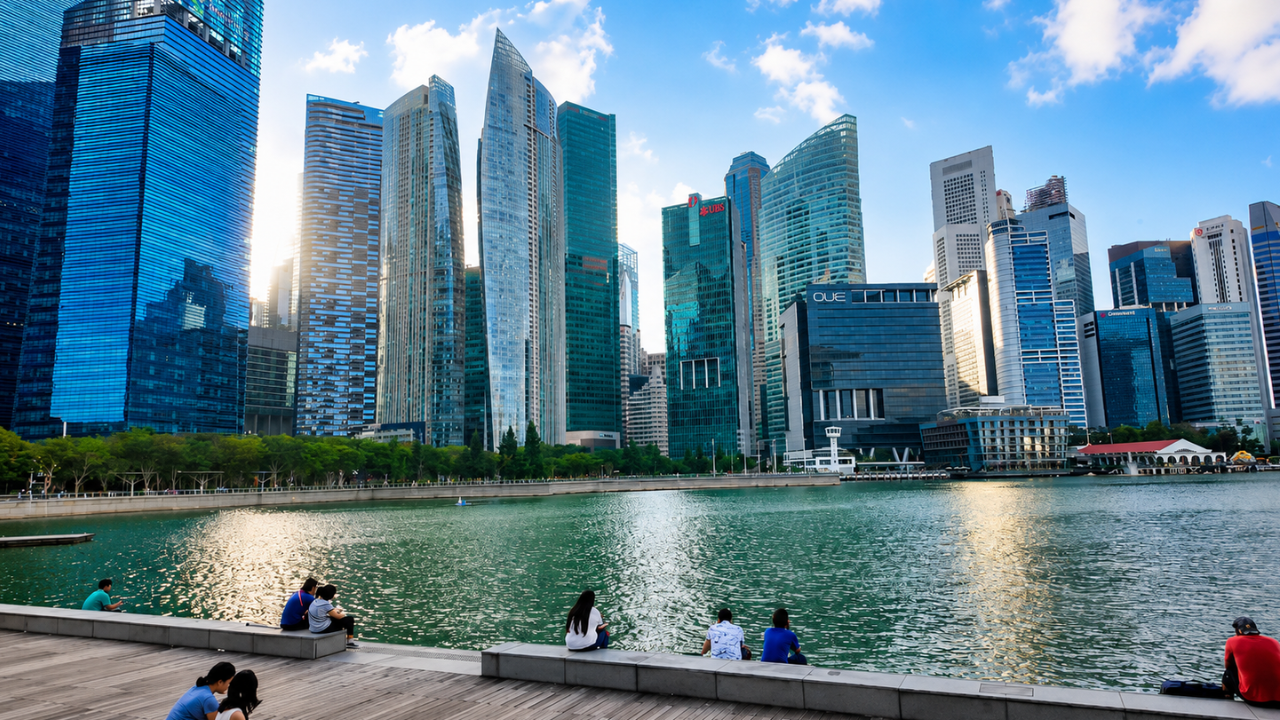 Singapore’s financial district seen from Marina Bay (4K)