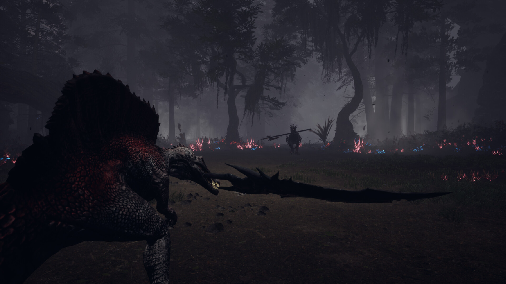 The player spinosaurus enters a combat stance as another weapon-wielding dinosaur approaches in Dinoblade.