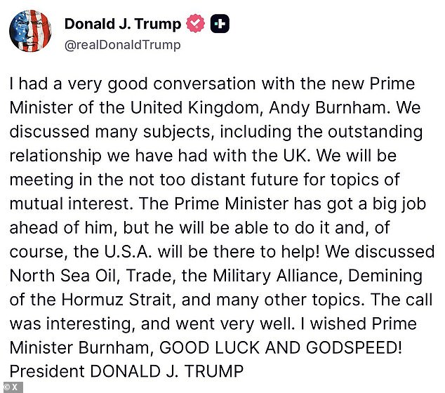 Trump gave his account of the 'very good conversation' with Andy Burnham