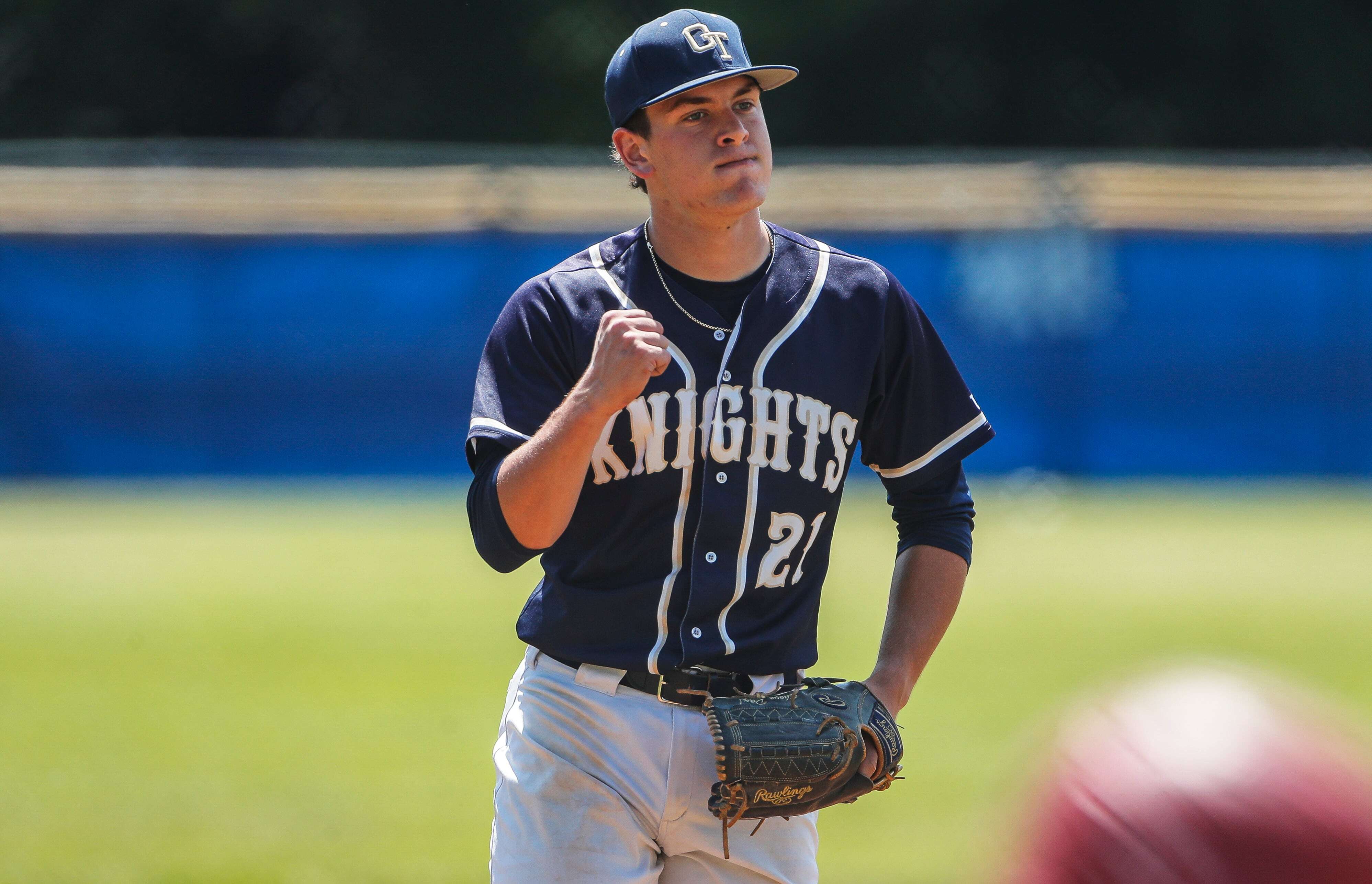 Alex Kranzler (21) of Old Tappan reacts after getting an out in the first inning during the Bergen County Tournament baseball semifinal betweenNo. 6 Bergen Catholic and Old Tappan at Northern Valley Demarest High School in Demarest, NJ on Saturday, May 27, 2023.