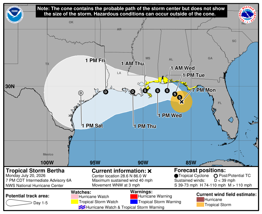 Tropical storm Bertha forms in the Gulf, forecasts warn of flooding
