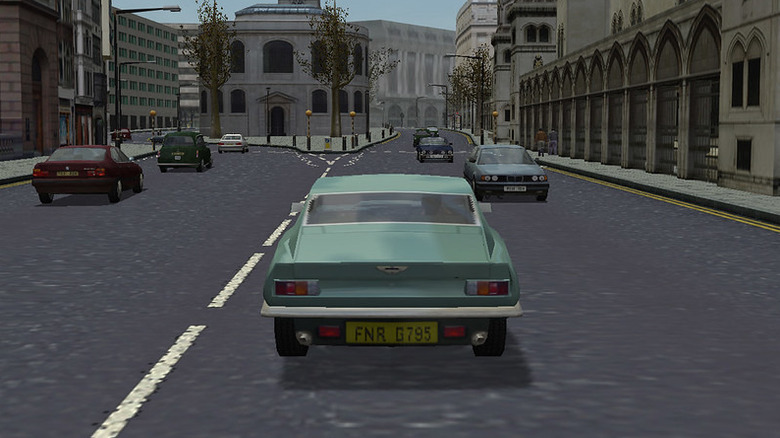 A green car drives through London in "The Getaway" (2002)