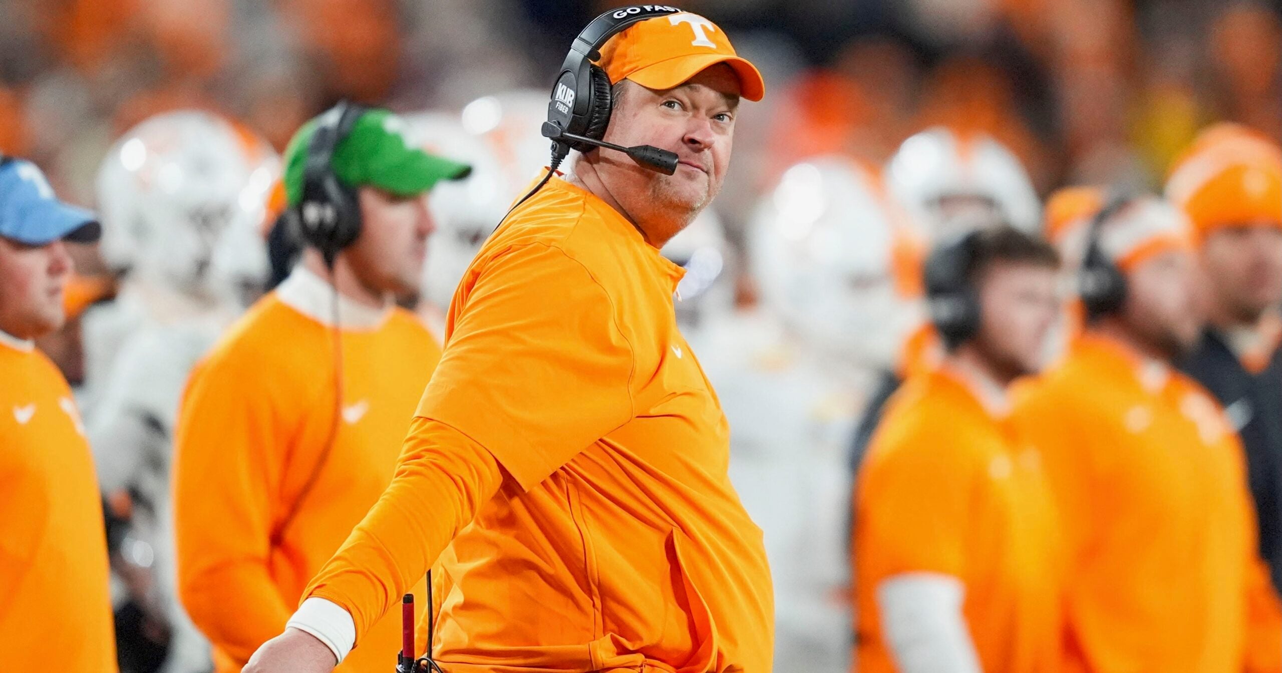Tennessee coach Josh Heupel makes a face after Tennessee is called offsides during the 2025 Music City Bowl at Nissan Stadium in Nashville, Tenn., on Dec. 30, 2025.