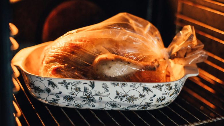 Bagged chicken roasting in the oven