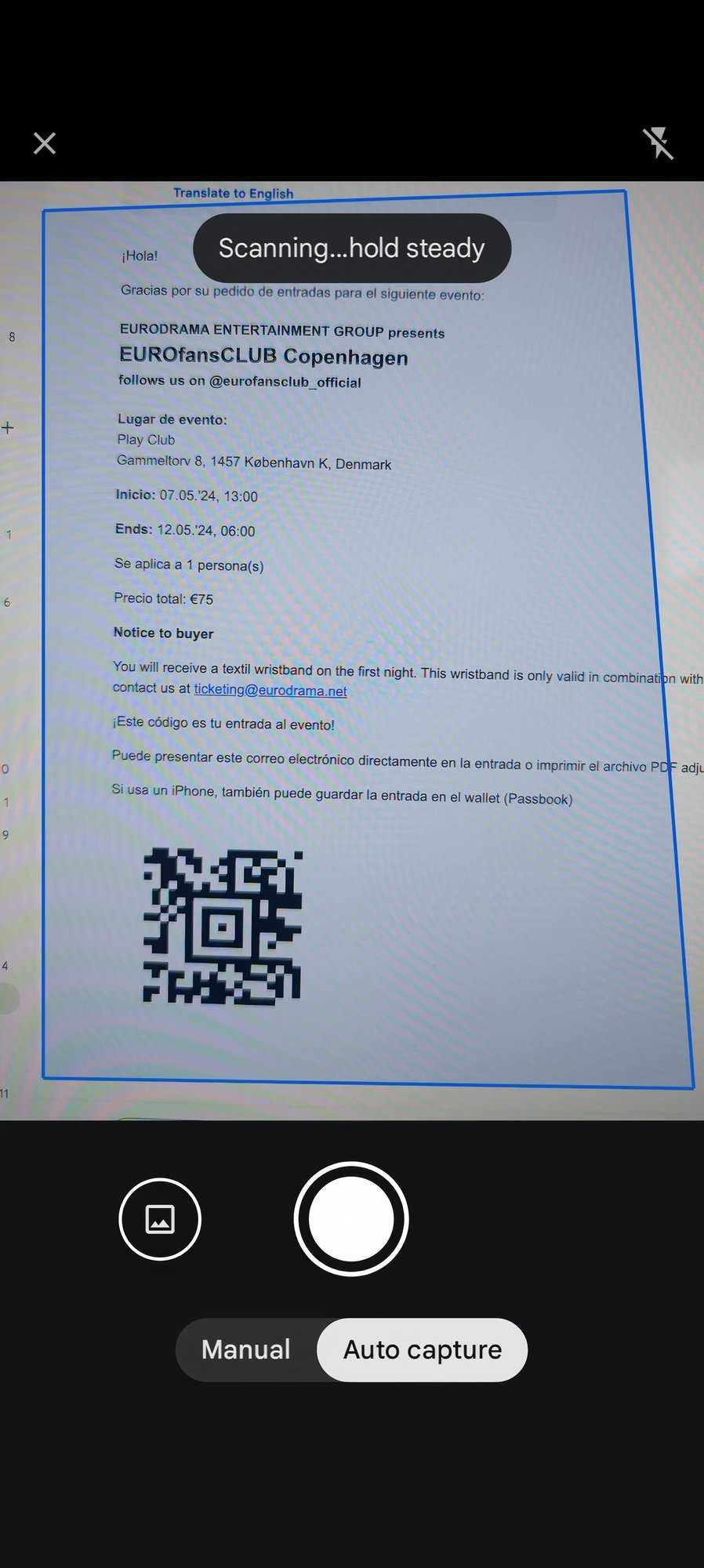 Adding a custom pass in Google Wallet, step 1: scanning