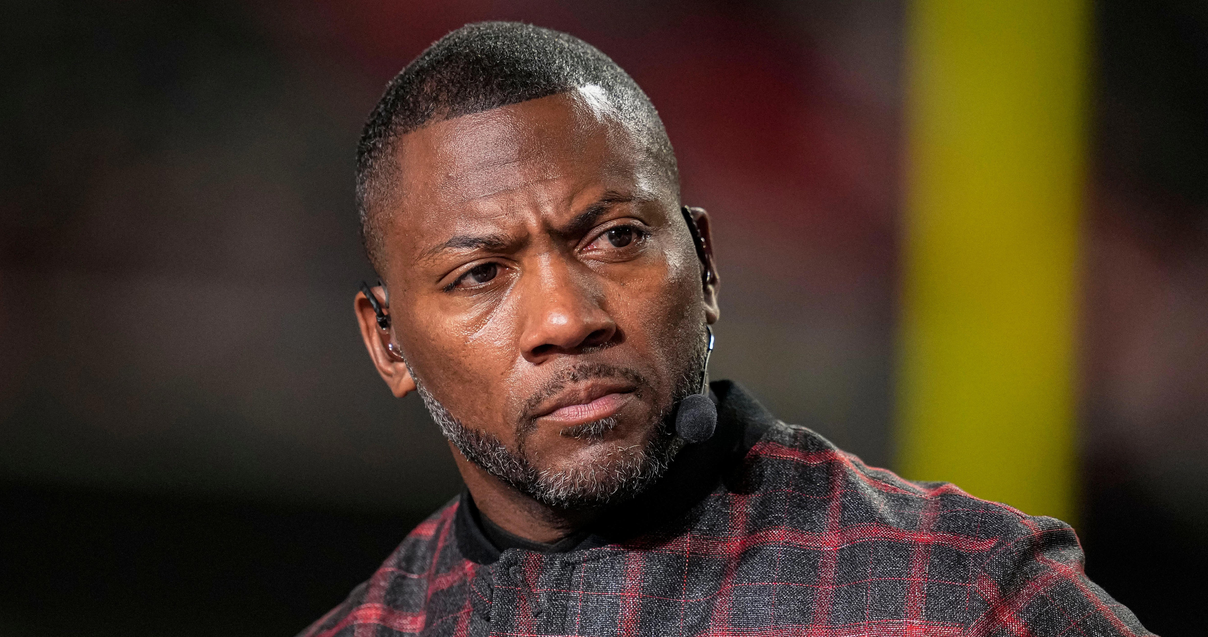 Dec 29, 2025; Atlanta, Georgia, USA; ESPN MNF broadcaster Ryan Clark shown on set prior to the game between the Los Angeles Rams against the Atlanta Falcons at Mercedes-Benz Stadium. Mandatory Credit: Dale Zanine-Imagn Images