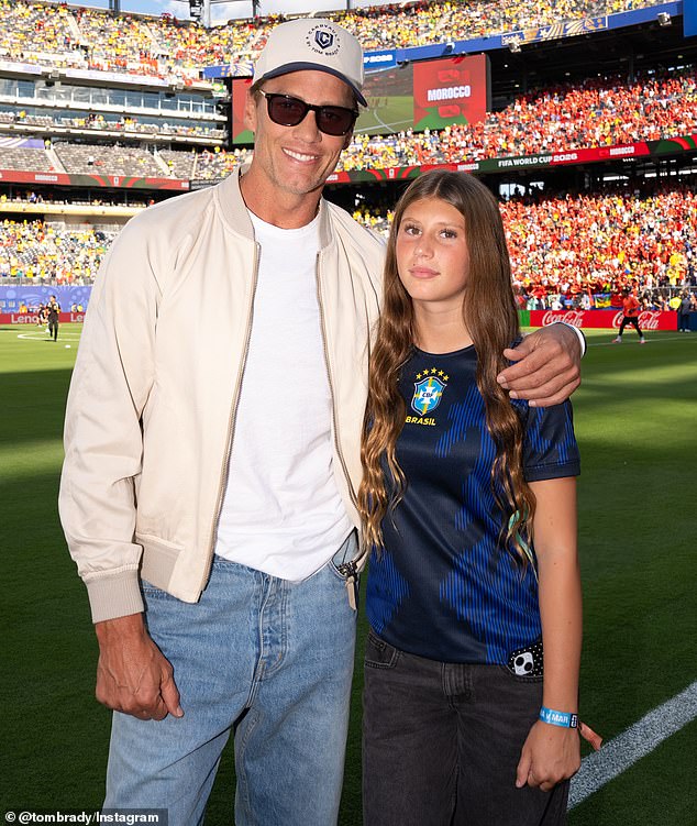 Another photo in the slideshow showed Brady and Vivian at the Brazil–Morocco game on June 13, with Vivian wearing a Brazil jersey to rep her mother's native country