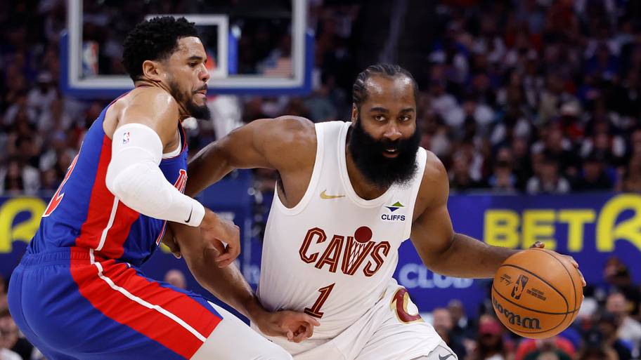 Cleveland Cavaliers guard James Harden (1) dribbles against Detroit Pistons forward Tobias Harris (12) in the first half.
