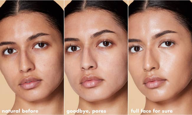 Three side-by-side portraits of a woman demonstrating skincare or makeup transformations, from natural skin to full coverage