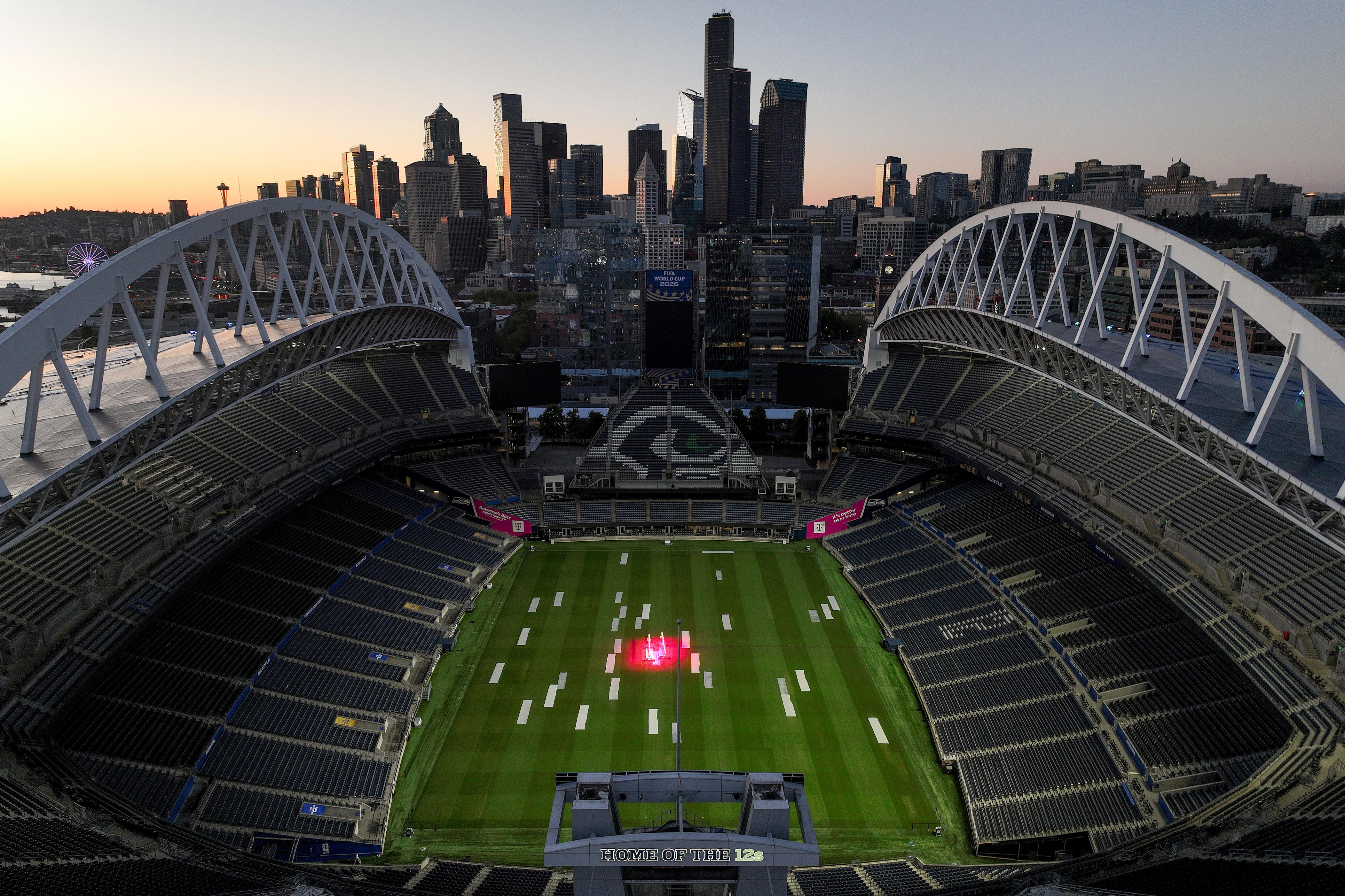 SEATTLE, WASHINGTON - MAY 31: In an aerial view, Seattle Stadium, temporarily renamed from Lumen Field, stands ahead of the FIFA World Cup 2026 on May 31, 2026 in Seattle, Washington. The stadium will host six matches during the FIFA World Cup 2026. (Photo by Steph Chambers/Getty Images)