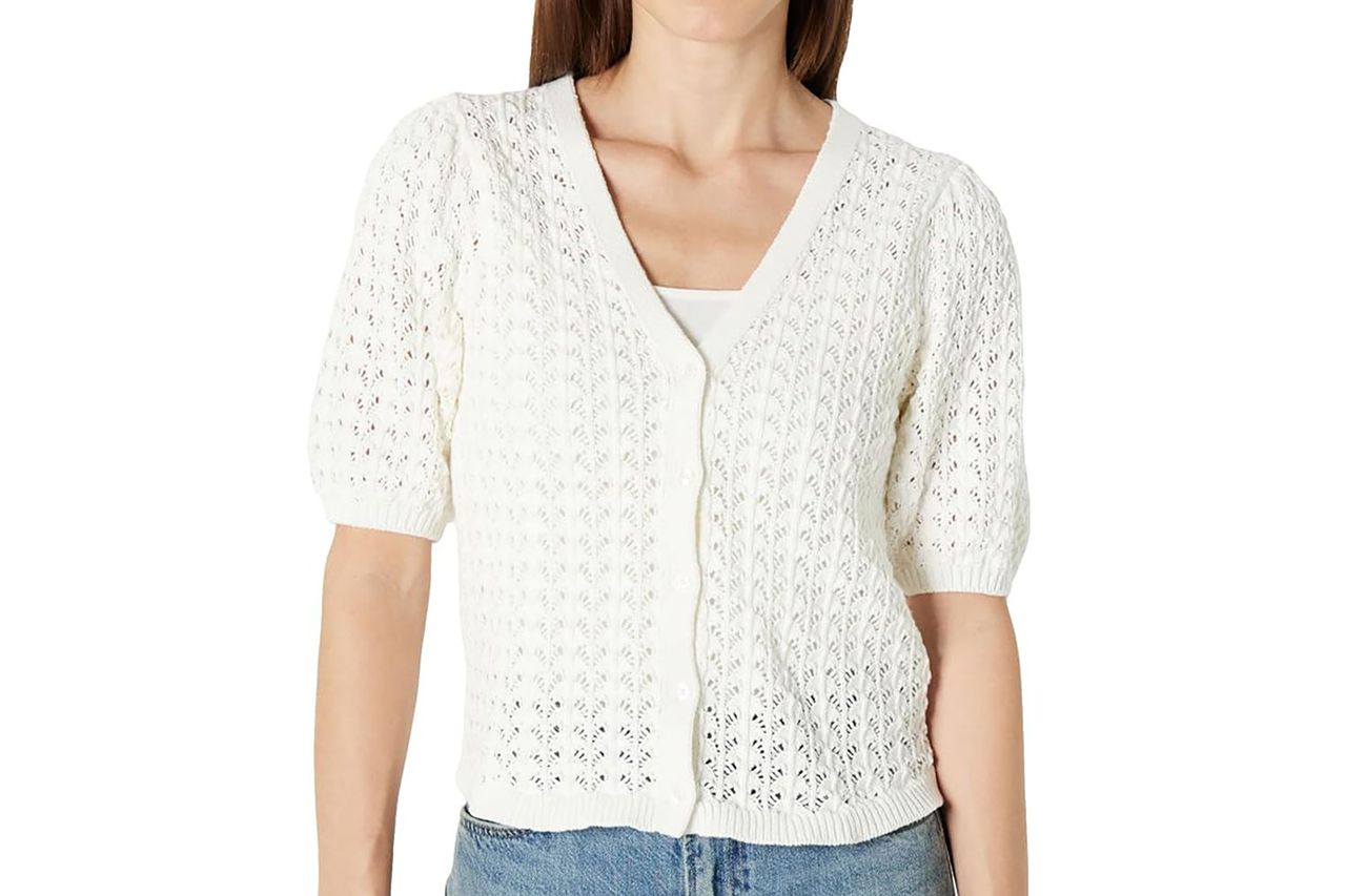 Amazon Essentials Women's Relaxed-Fit Crochet Short-Sleeve Cardigan