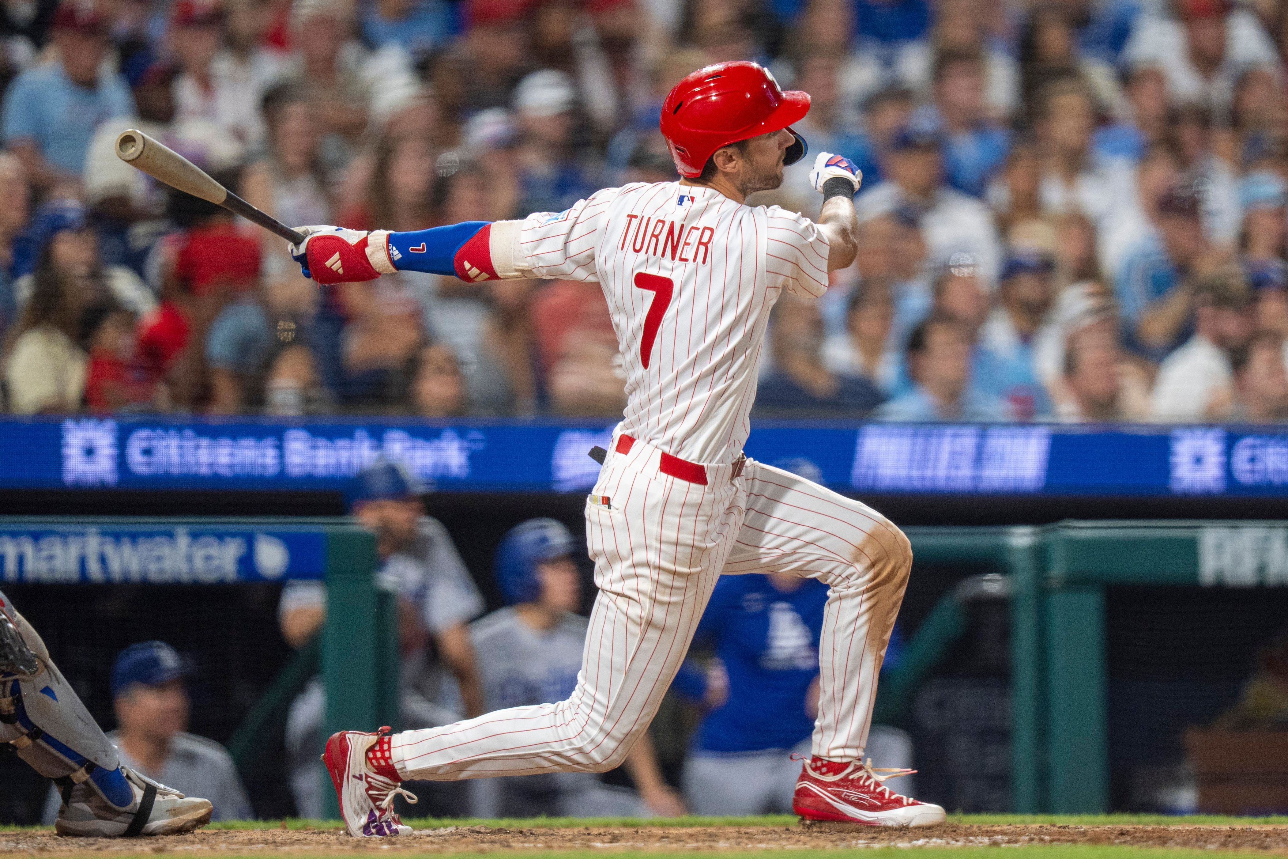 Philadelphia Phillies' Trea Turner hits a three-run home run during the sixth inning of a baseball game against the Los Angeles Dodgers, Monday, July 20, 2026, in Philadelphia. (AP Photo/Chris Szagola)