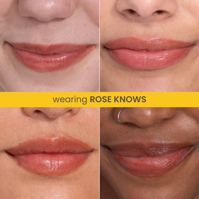 Four close-up images of different people wearing the same shade of lipstick. A banner reads