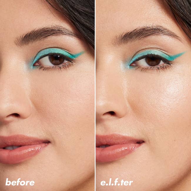 Split image showing a model's eye with green eyeliner;