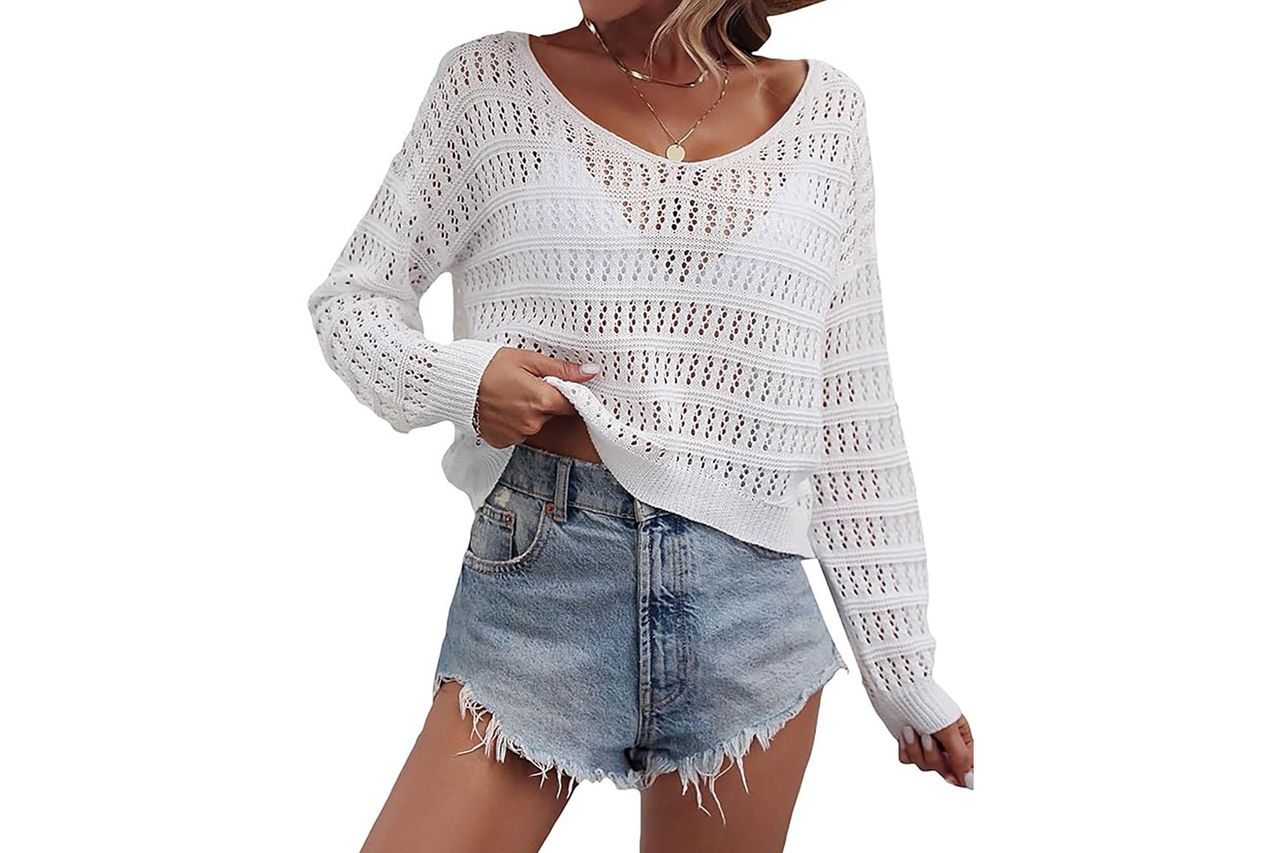 SHENHE Women's Crochet Hollow Out Drop Shoulder Beach Cover Up Scoop Neck Long Sleeve Sweater Top