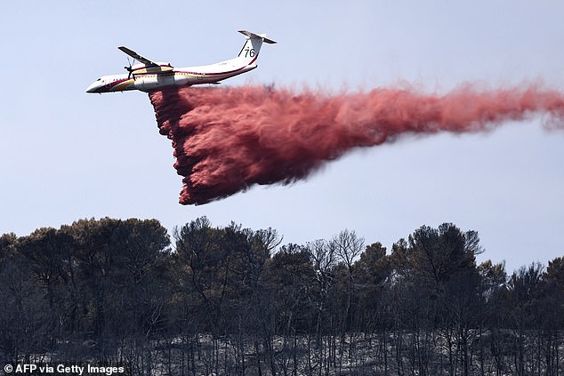 A Dash 8 - Q400MR aircraft drops fire retardant to slow the fire's spread