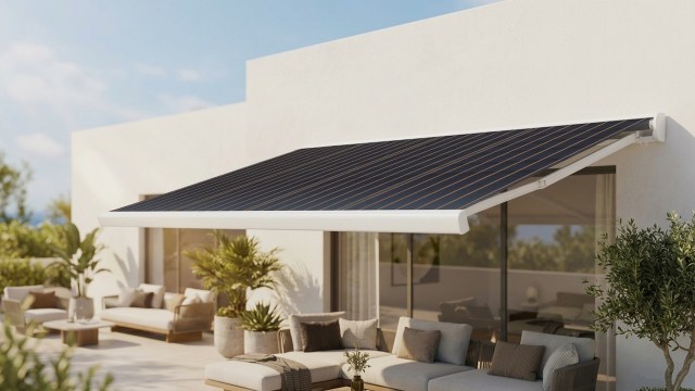 A modern patio with a retractable solar awning and stylish outdoor furniture surrounded by greenery.