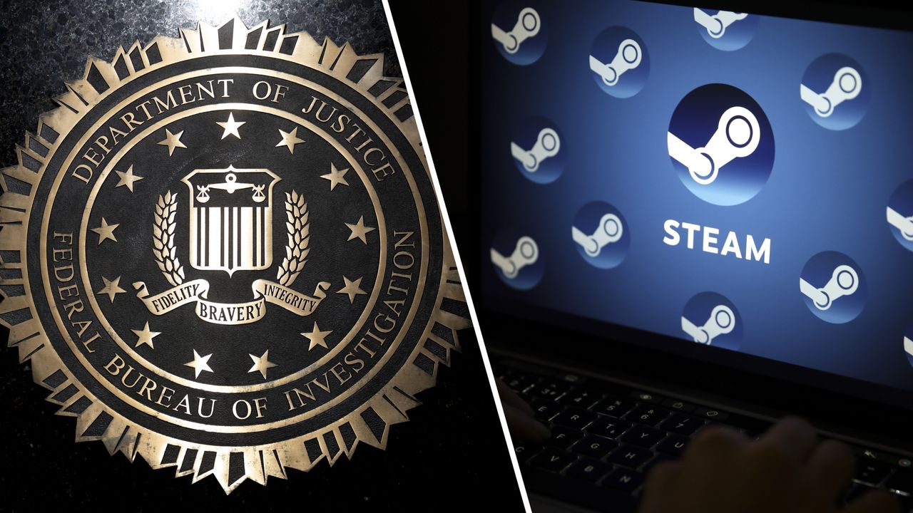 The seal of the FBI; A laptop showing the Steam logo.