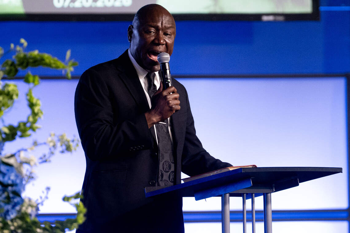 Attorney Ben Crump delivers a eulogy during a funeral service for Nolan Wells at Center Pointe Church in Ocean Springs on Monday, July 20, 2026.