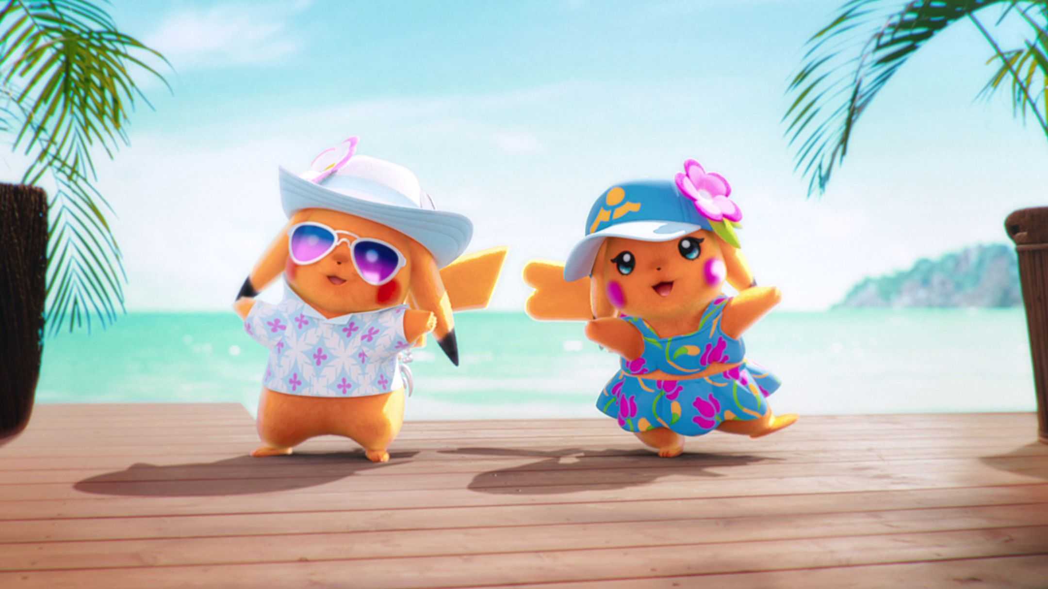 Pokemon winds and waves press kit images with pikachi in beach gear