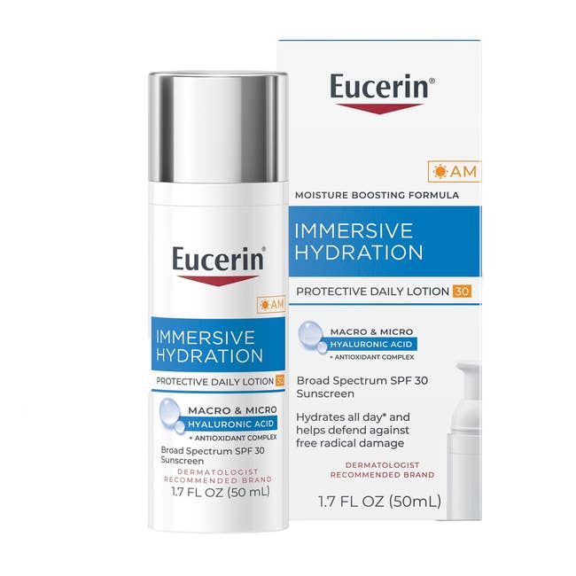 Eucerin Immersive Hydration Protective Daily Lotion with SPF 30 shown with packaging, highlighting macro and micro hyaluronic acid, and antioxidant complex