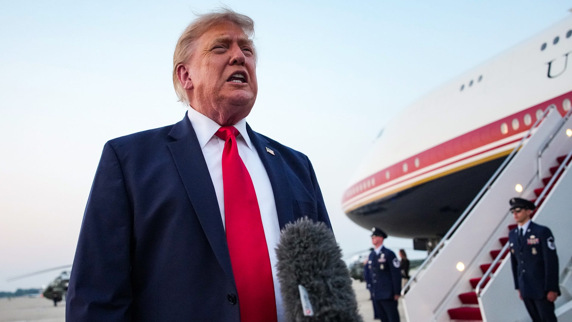 President Donald Trump speaks to reporters after landing in Air Force One on July 19, 2026 in Joint Base Andrews, Maryland. Trump is returning to the White House after attending the FIFA World Cup 2026 Final where Spain defeated reigning World Cup champions Argentina.
