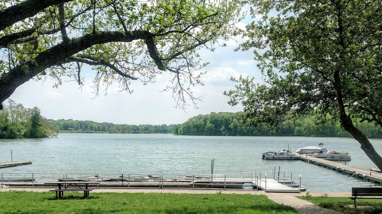 Boating facilities extending into Dawson Lake at Moraine View State Park, Illinois