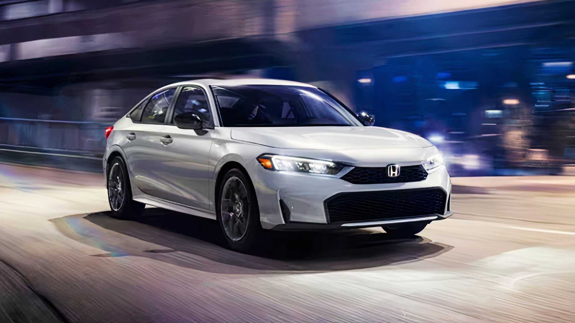 A white 2025 Honda Civic Hybrid is driving.