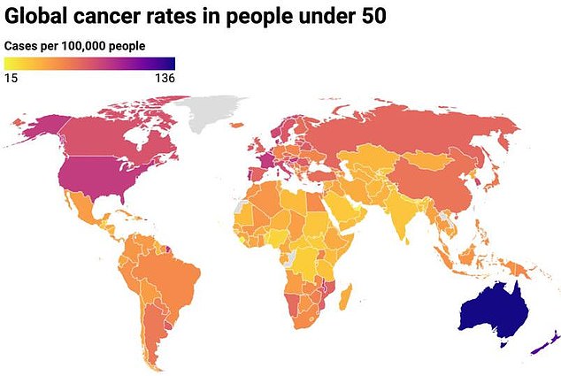 The map which shows Australia as a hotspot for cancer rates in under 50s