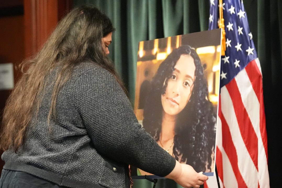 A photo of Celeste Rivas Hernandez is displayed Monday, April 20, 2026, in Los Angeles for a press conference regarding the case of singer D4vd, who was arrested on suspicion of killing the 14-year-old girl whose dismembered body was found in his car. (AP Photo/Damian Dovarganes)