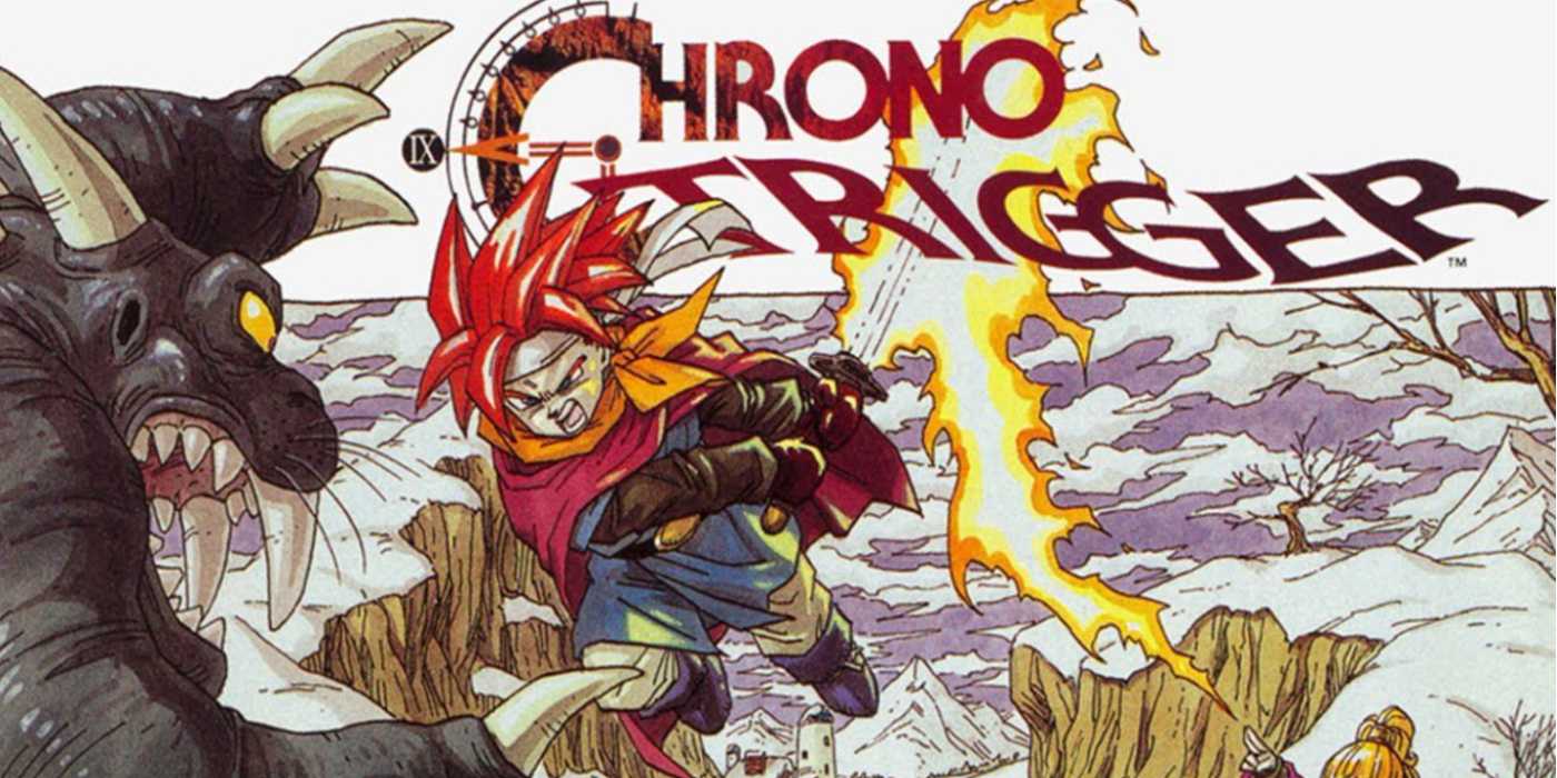 Cover art of Chrono Trigger's main character Crono fighting monster.